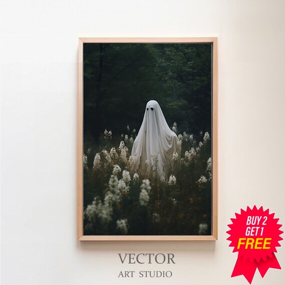 Ghost Standing Among Tall White Wildflowers at a Forest Edge Poster