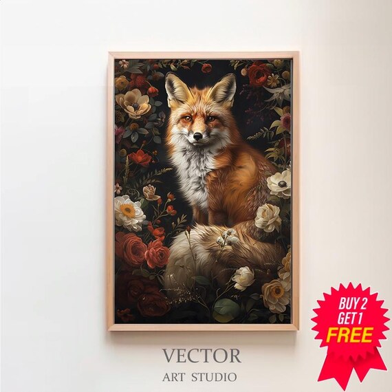 Red Fox Sitting Among Dark Flowers in a Moody Night Forest Poster