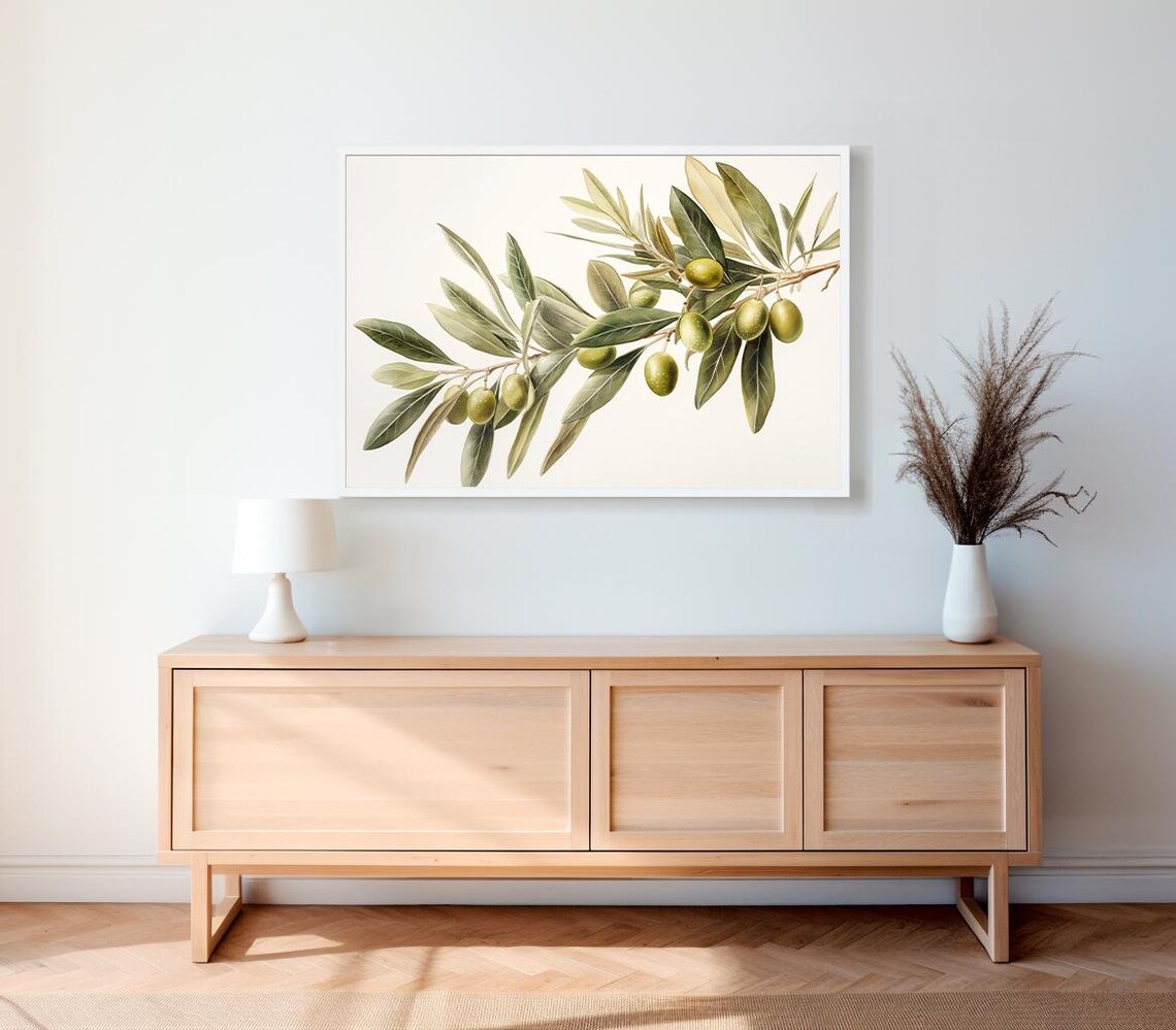 Soft Watercolor Olive Branch with Green Olives on Warm Cream Art Print - Image 2
