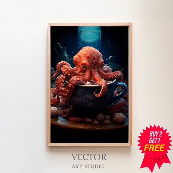Octopus In A Tea Cup Oil Painting Octopus Decor Gothic Kitchen Decor Dark Humor Moody Kitchen Wall Art Whimsy Animal Art