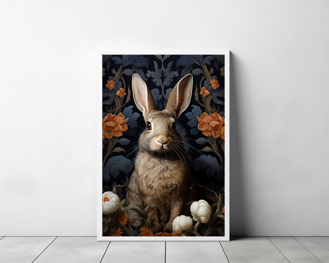 Rabbit Dark Floral Tapestry Orange Blooms Botanical Style Poster - Image 3