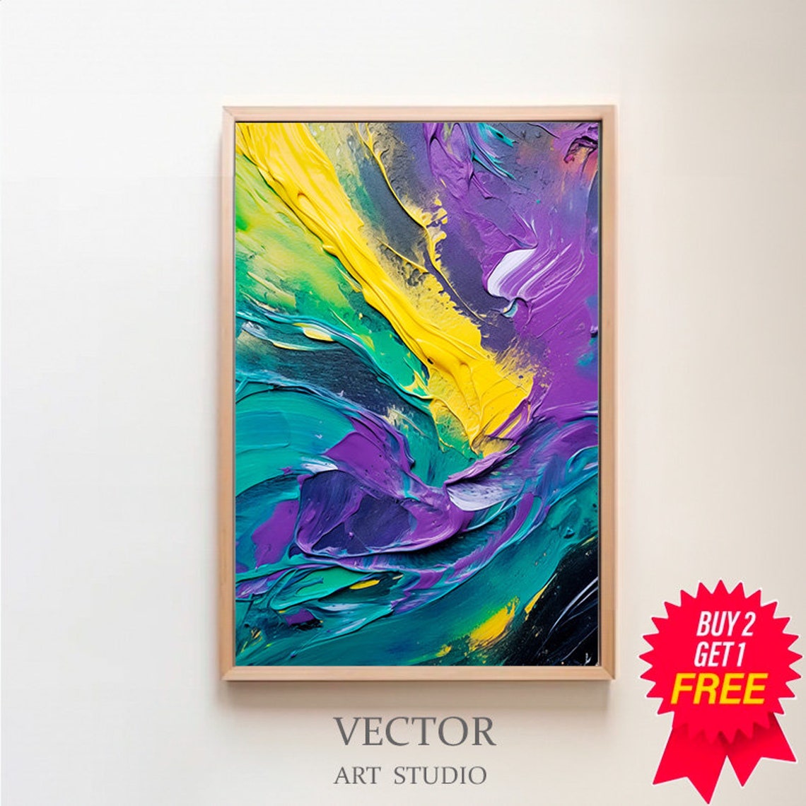 Bold Violet Teal and Golden Yellow Impasto Abstract Painting Poster
