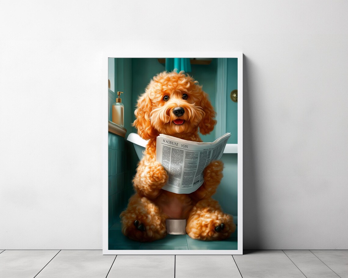 Happy Smiling Cockapoo Reading Newspaper on Toilet Bathroom Poster - Image 3