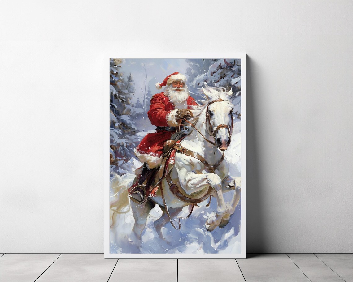 Santa Claus Riding White Horse Through a Snowy Forest Poster - Image 3