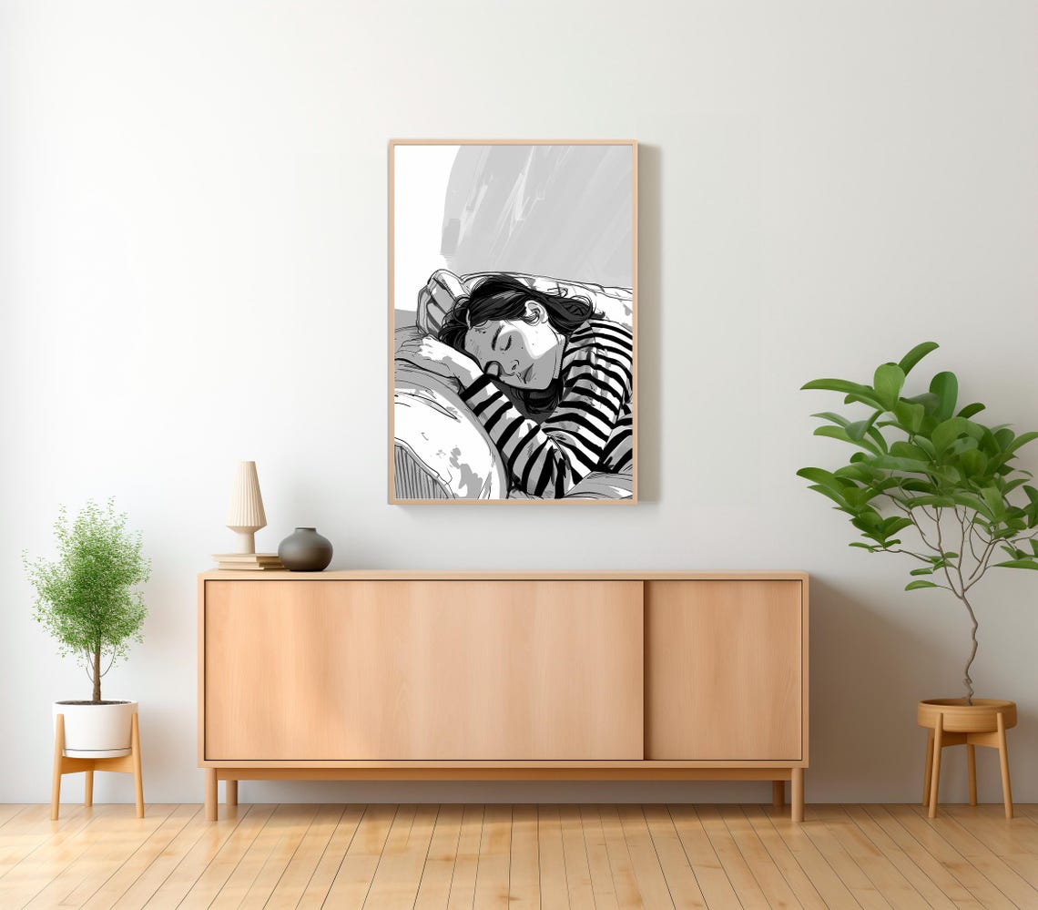 Black and White Sketch of a Sleeping Woman in Stripes Poster - Image 2