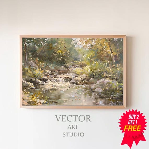 Spring Stream Landscape Painting Frame Tv Art Easter Green Earthy Summer Tv Decor Spring Forest River Scenery Screensaver
