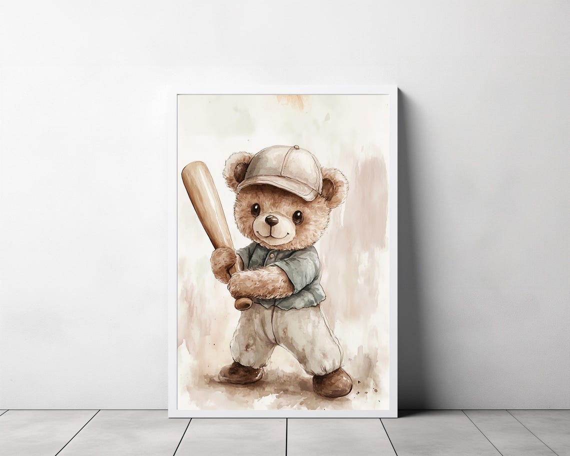 Teddy Bear Baseball Player With Bat Nursery Watercolor Poster - Image 3