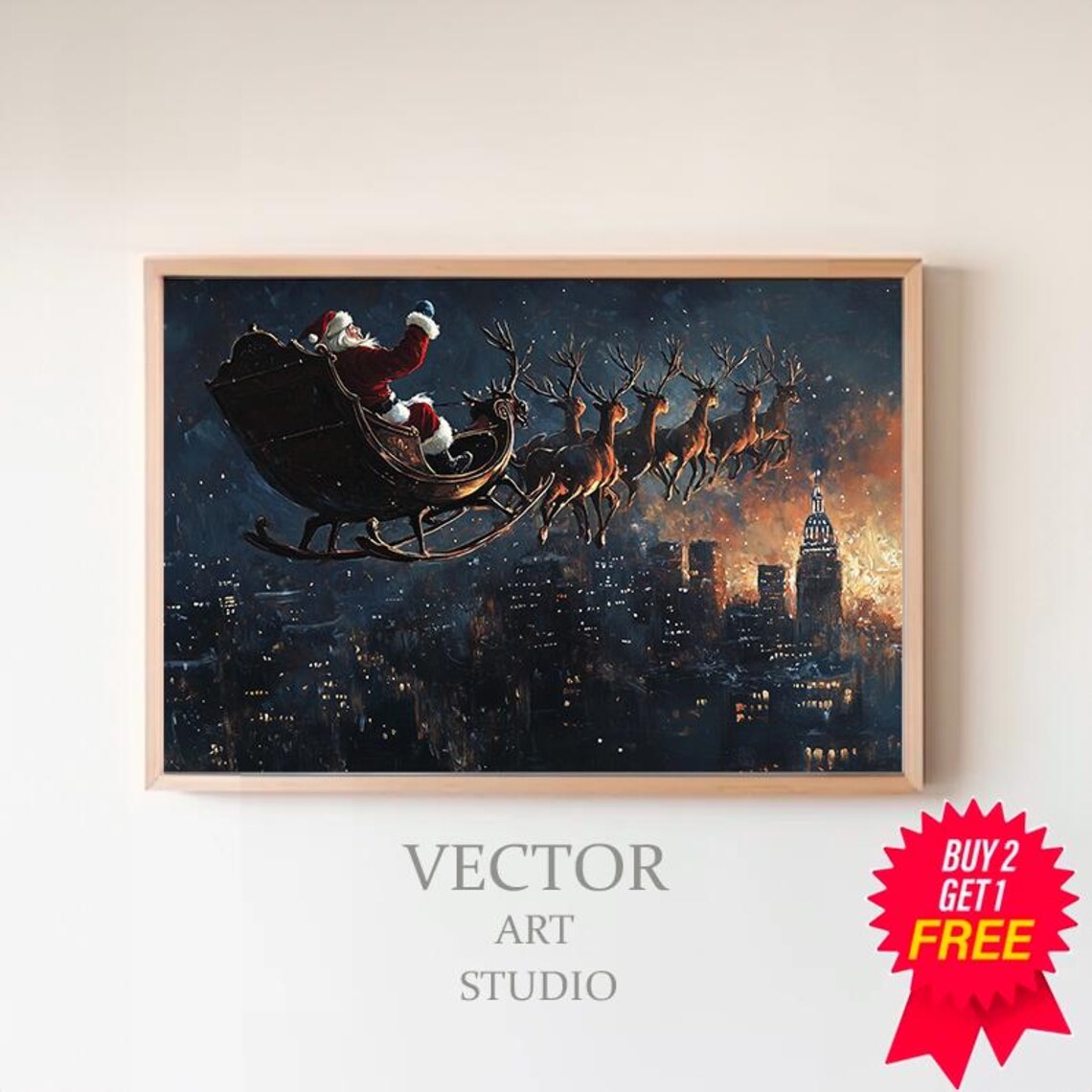Santa Sleigh Flying Over Night City Vintage Christmas Art Poster