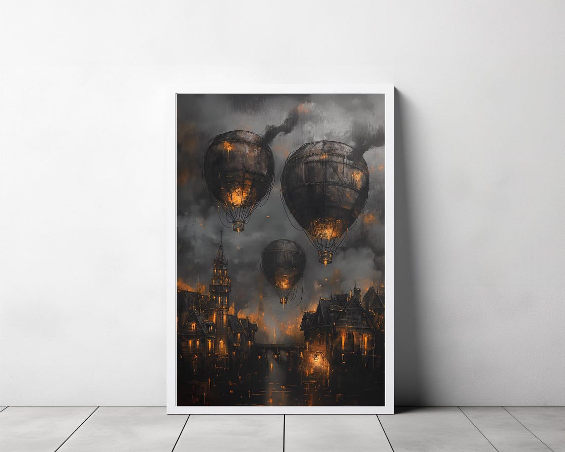 Glowing Steampunk Hot Air Balloon Trio Over Dusk City Poster - Image 3