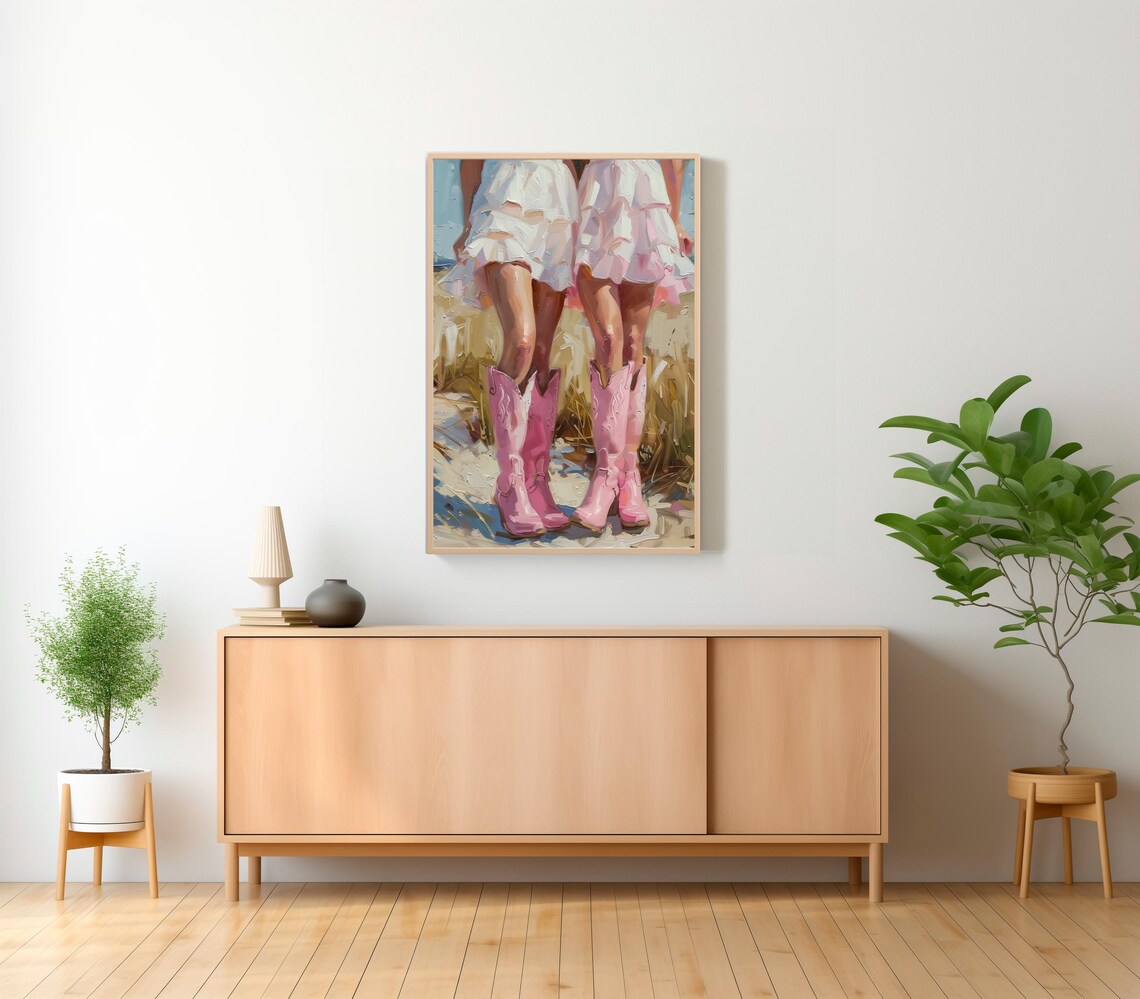 Coastal Cowgirl Pink Cowboy Boots Beach Day Oil Painting Poster - Image 2