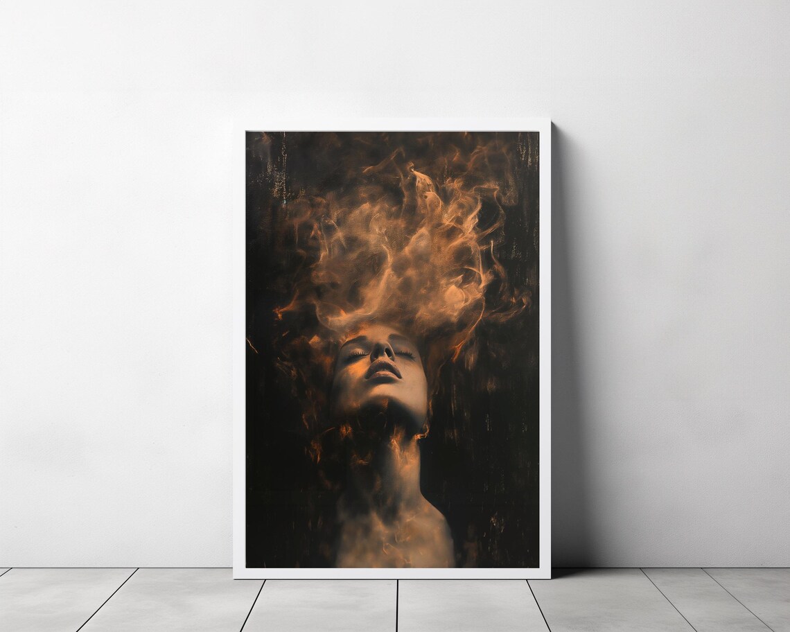 Amber Flame Woman Portrait with Fire Smoke Dark Gothic Surreal Poster - Image 3