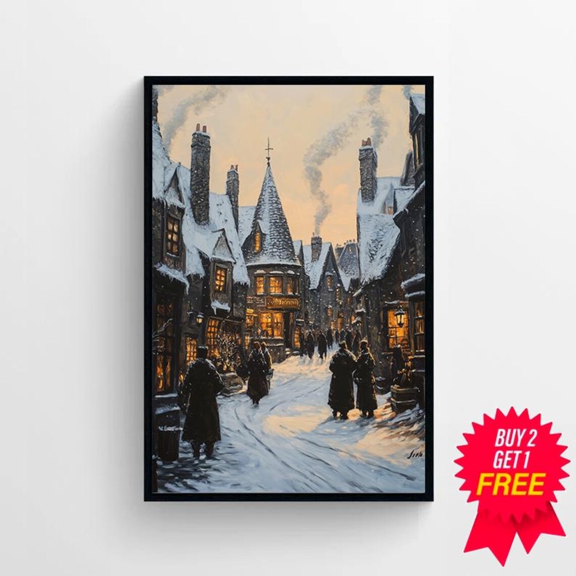 Snowy Wizard Town Street At Dusk Cloaked Figures Winter Poster - Image 4