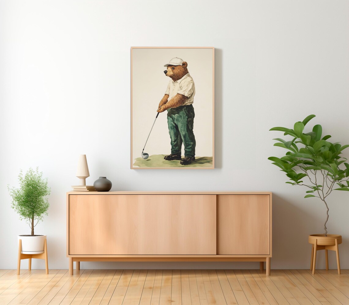 Bear Golfer in White Cap Watercolor Nursery Golf Theme Poster - Image 2