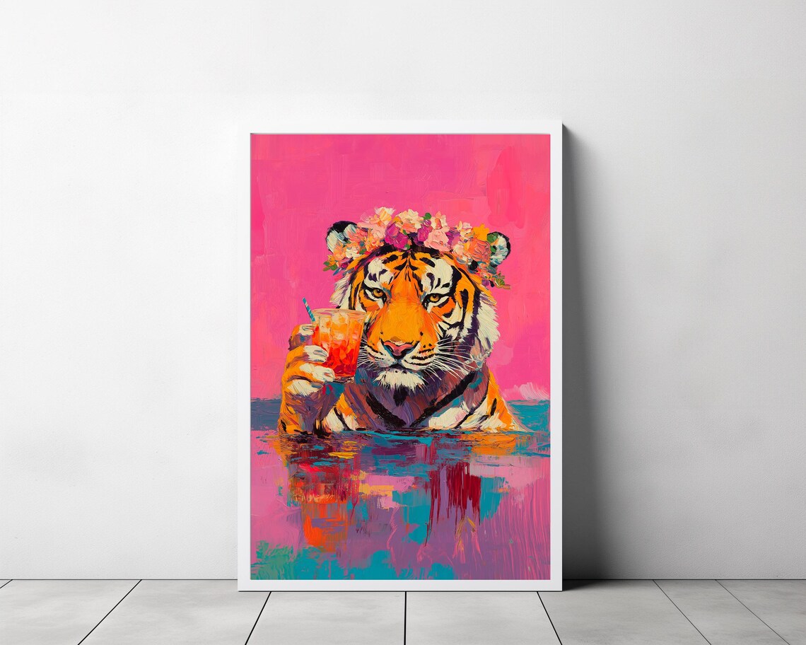 Tiger with Flower Crown Drinking Cocktail in Pool Painting Poster - Image 3