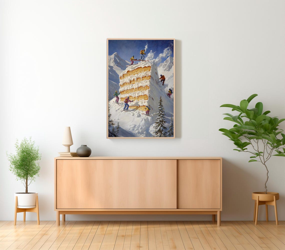 Retro Funky Apres Ski Wall Art Minimal Hoe Decor Mini Skiers On Frosty Cake Print Cozy Ski Cabin Decor Vintage Bar Cart Art Winter Wall Art - Image 2