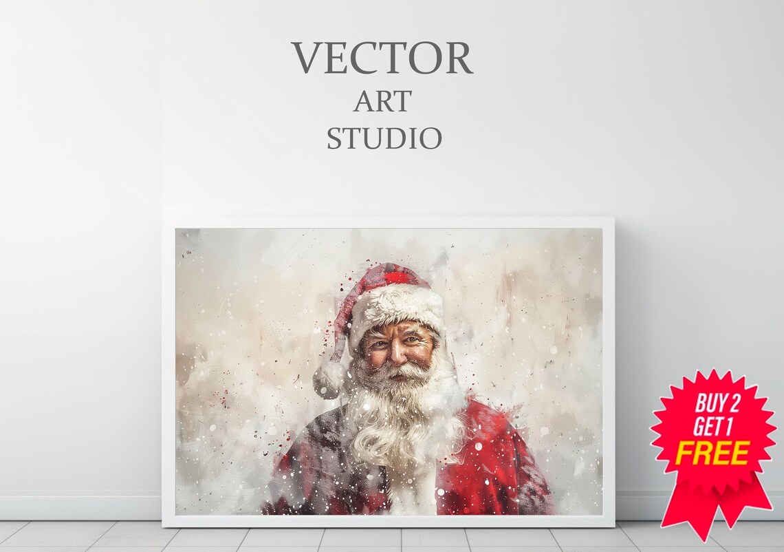 Front Facing Santa Claus Bearded Portrait Snowy Watercolor Poster - Image 3
