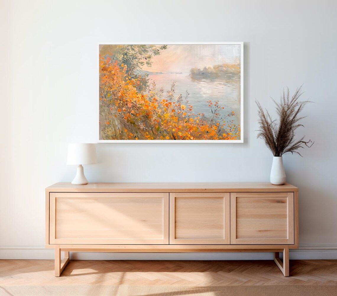 Lakeside Golden Wildflowers at Sunset Impressionist Nature Poster - Image 2