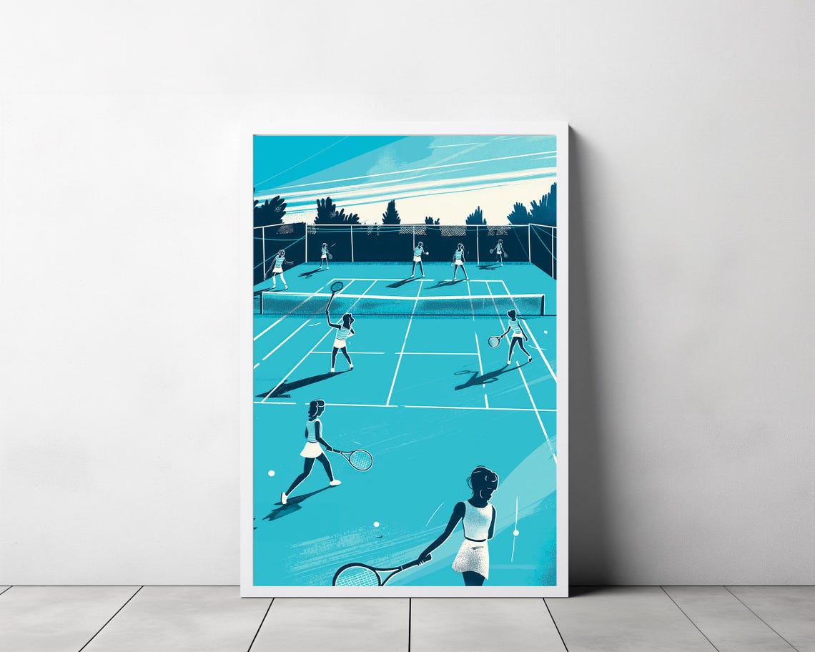Retro Blue Tennis Court Illustration with Vintage Players Poster - Image 3