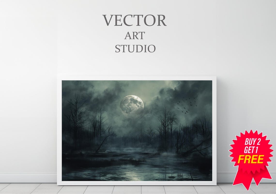 Spooky Full Moon Swamp With Bats And Bare Trees Gothic Poster - Image 3