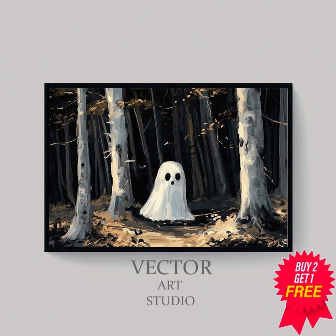 Pale Ghost Among White Birch Trunks In Near Monochrome Forest Poster - Image 4