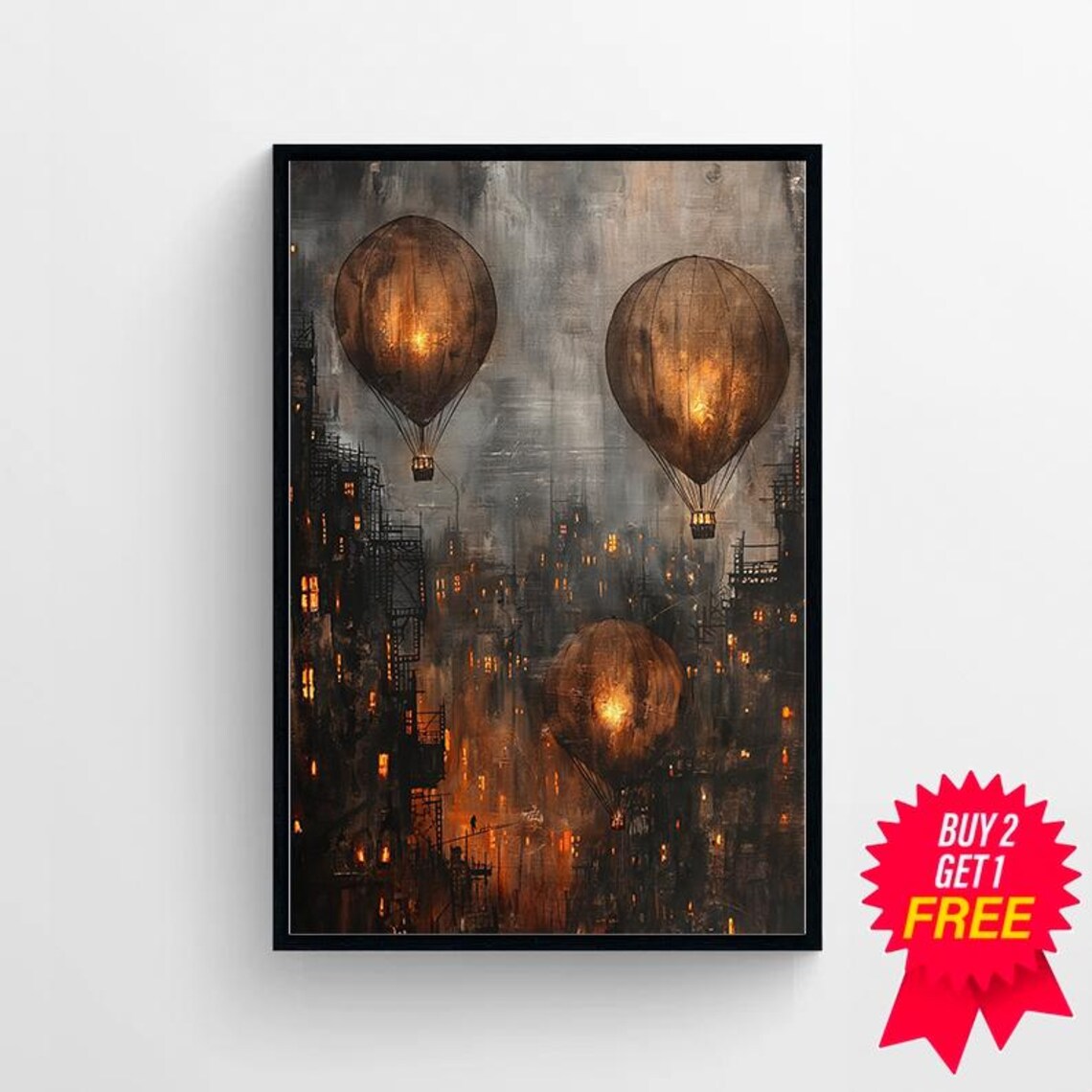 Three Glowing Amber Hot Air Balloons Over Foggy City Night Poster - Image 4
