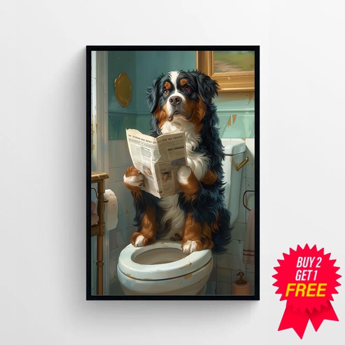 Funny Bernese Mountain Dog on Toilet with Morning Paper Poster - Image 4