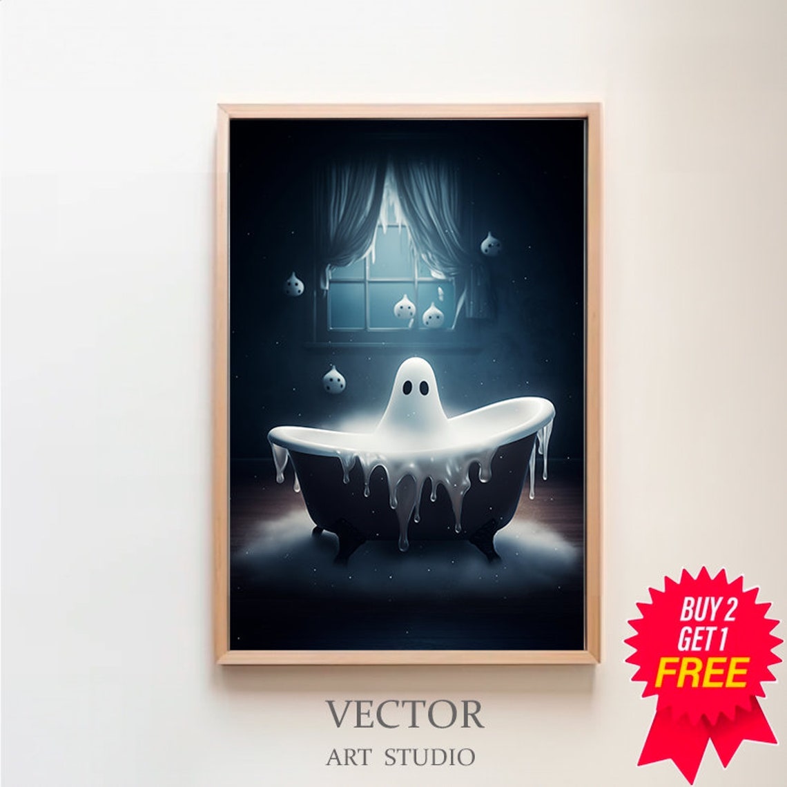 Cute Ghost in a Black Bathtub Under a Moonlit Window Halloween Poster