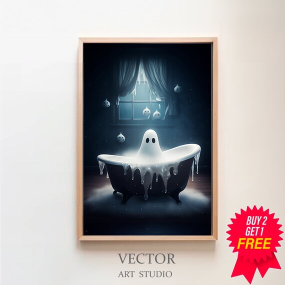 Cute Ghost in a Black Bathtub Under a Moonlit Window Halloween Poster