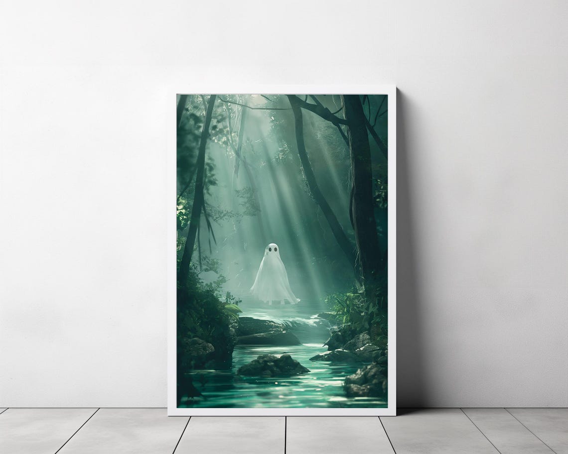 Small Ghost Standing In Sunbeam Lit Forest Stream Ethereal Art Poster - Image 3