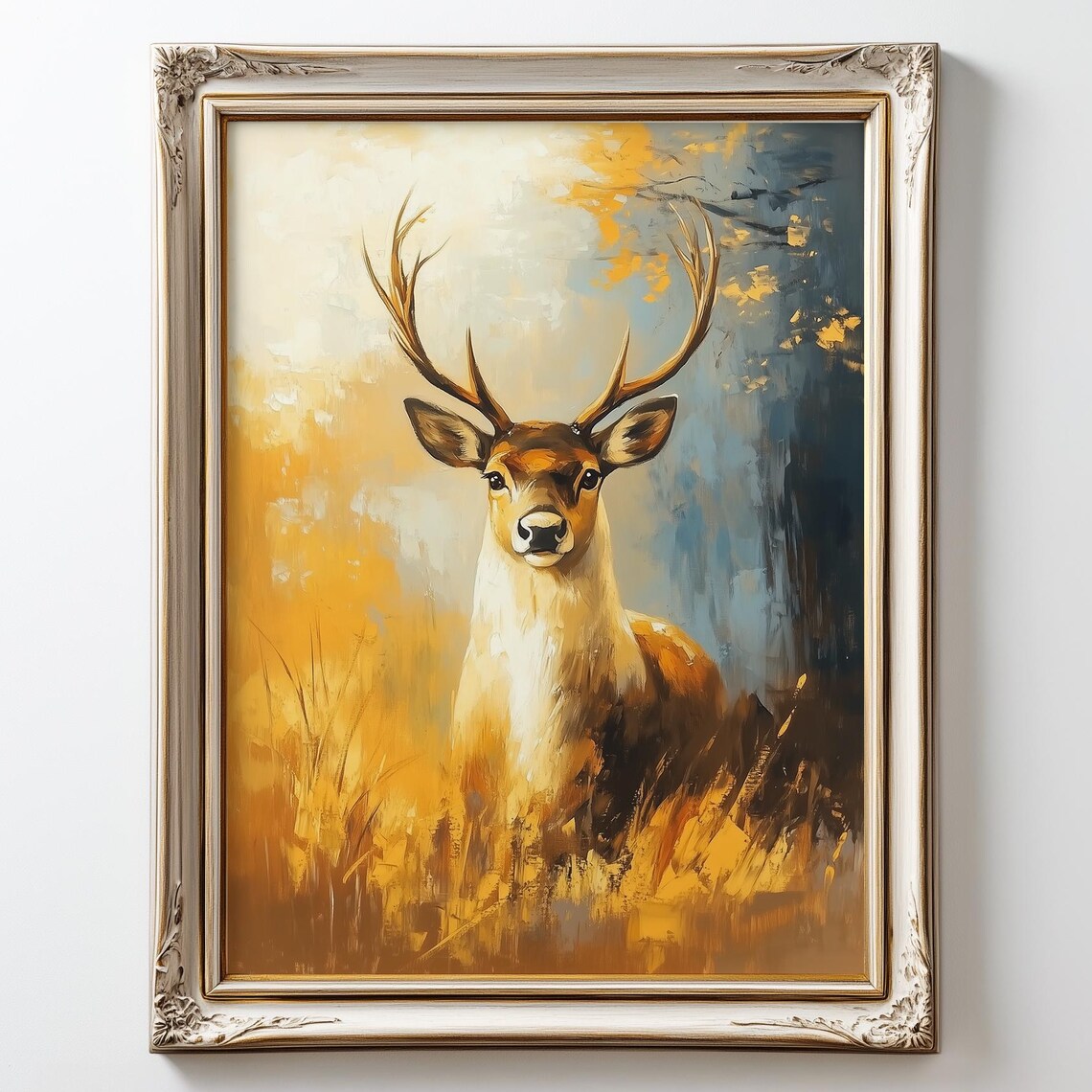 Stag Portrait Golden Autumn Meadow Vintage Oil Painting Print