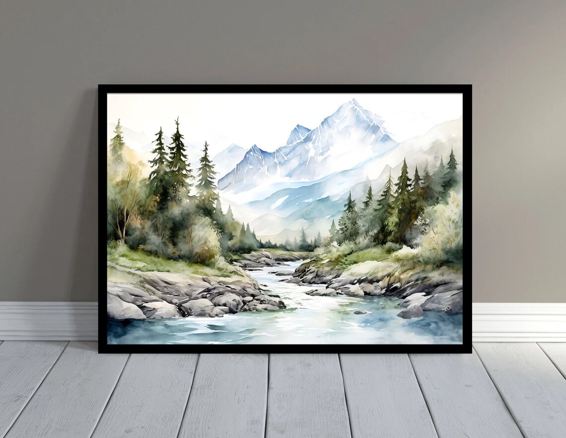 Mountain River Watercolor Landscape Art Print - Image 2