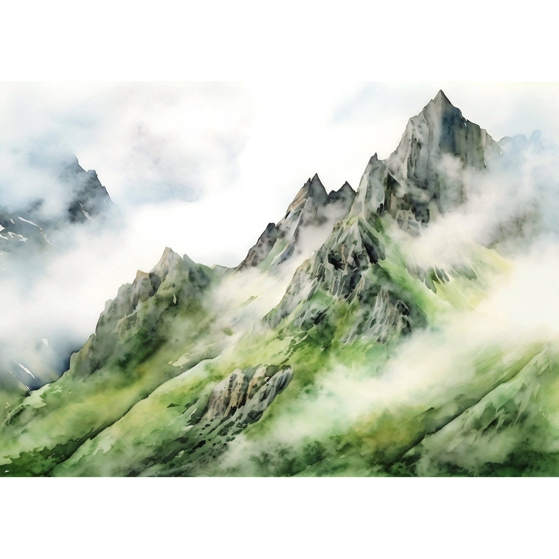 Misty Mountain Landscape Watercolor Painting Art Print Home Decor Gift Art