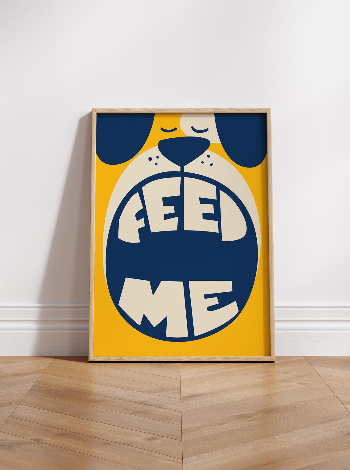 Feed Me Funny Dog Face Bold Yellow Blue Humorous Pet Art Poster