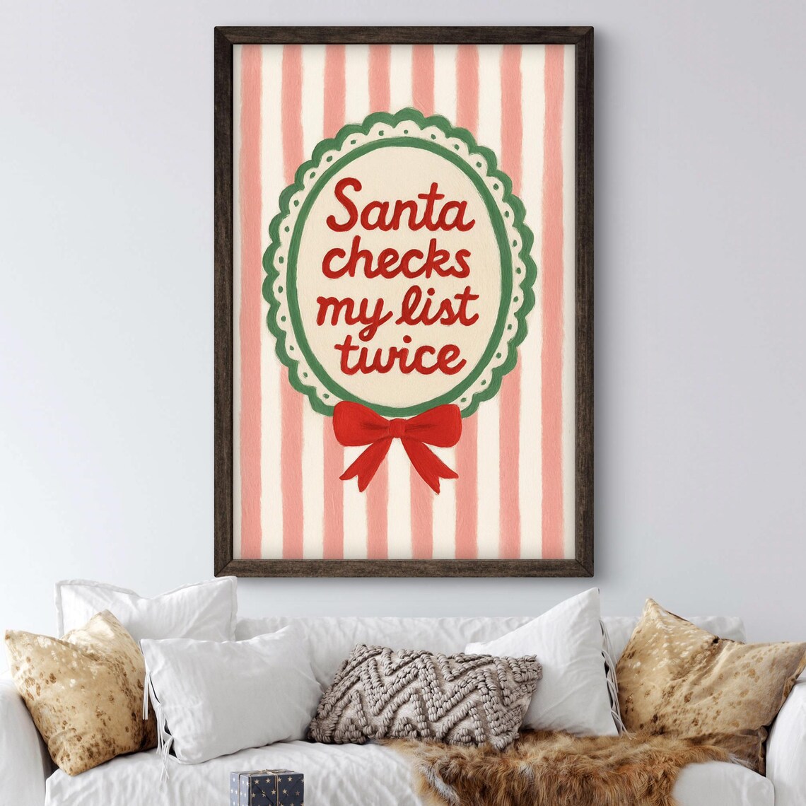 Santa Checks My List Twice Red Green Christmas Quote Wall Art