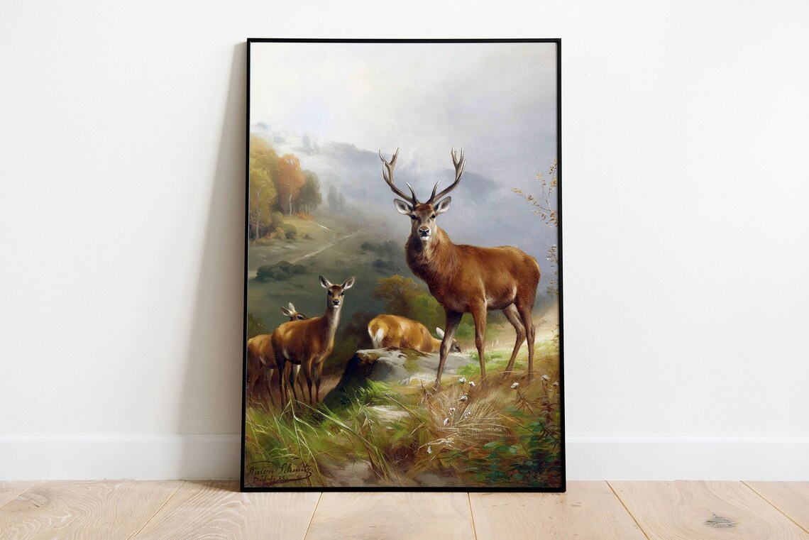 Red Deer Stag And Hinds Misty Highland Hillside Classic Wildlife Painting Poster - Image 2