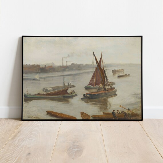 Whistler Signed River Barges Sailboats Atmospheric Classic Painting Poster