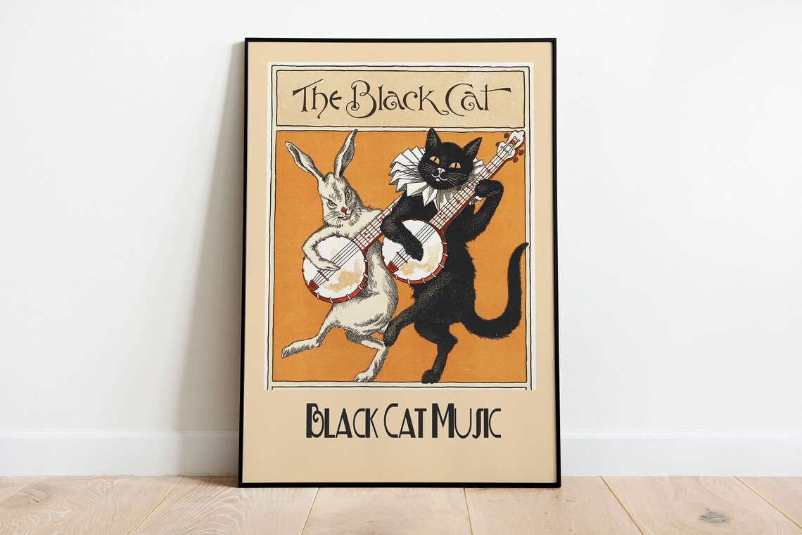 The Black Cat Music Banjo Playing Cat and Rabbit Vintage Storybook Poster