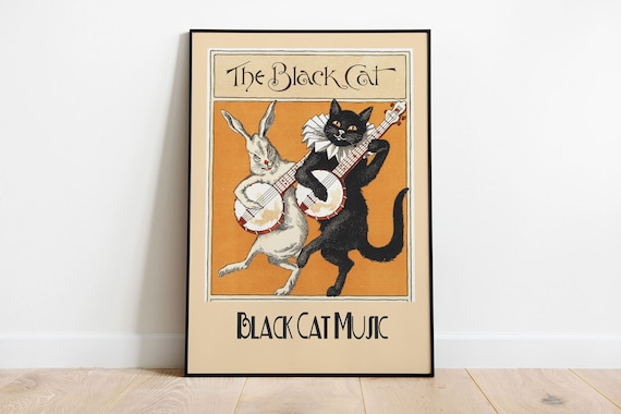 The Black Cat Music Banjo Playing Cat and Rabbit Vintage Storybook Poster