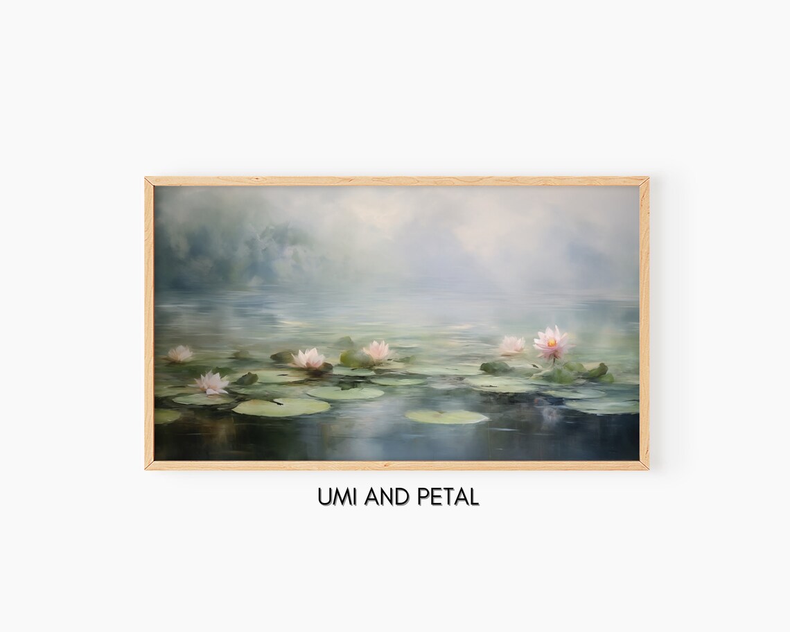 Pink Water Lilies Misty Pond Impressionist Floral Oil Painting Poster