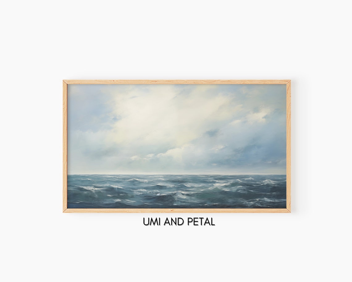Dramatic Ocean Waves Cloudy Sky Deep Blue Seascape Oil Painting Poster