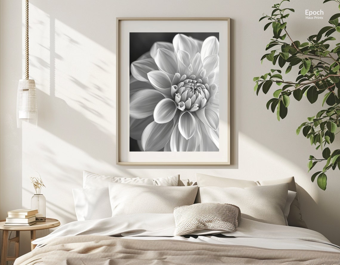 Dahlia Flower Macro Photo, Black And White Art Print - Image 3