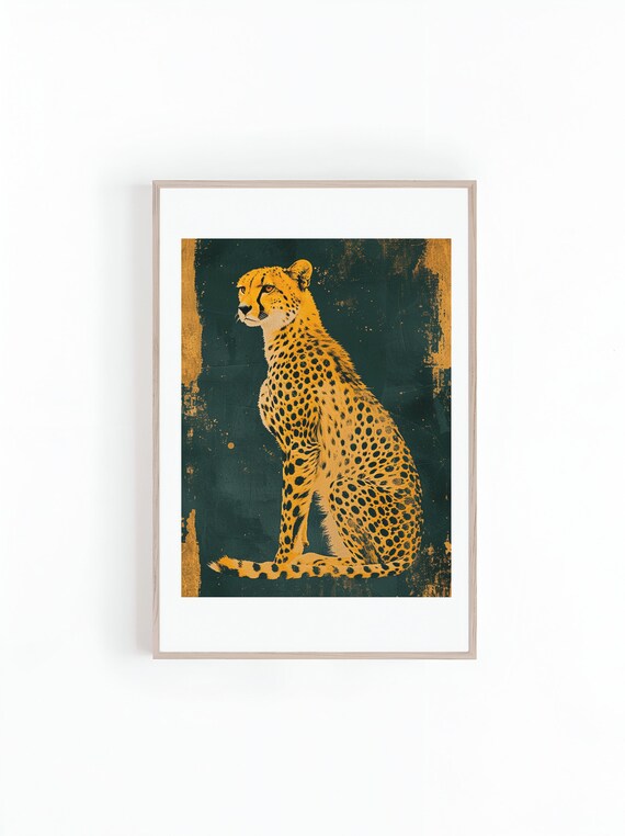 Golden Cheetah Seated Portrait On Dark Teal Boho Style Art Poster