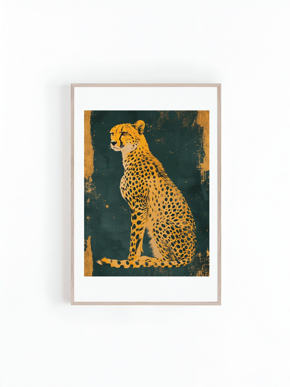 Golden Cheetah Seated Portrait On Dark Teal Boho Style Art Poster