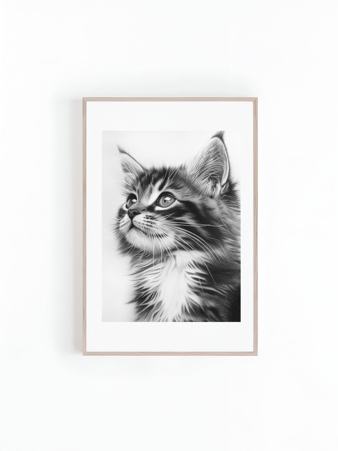 Tabby Kitten With Wide Eyes Looking Up in Black and White Poster