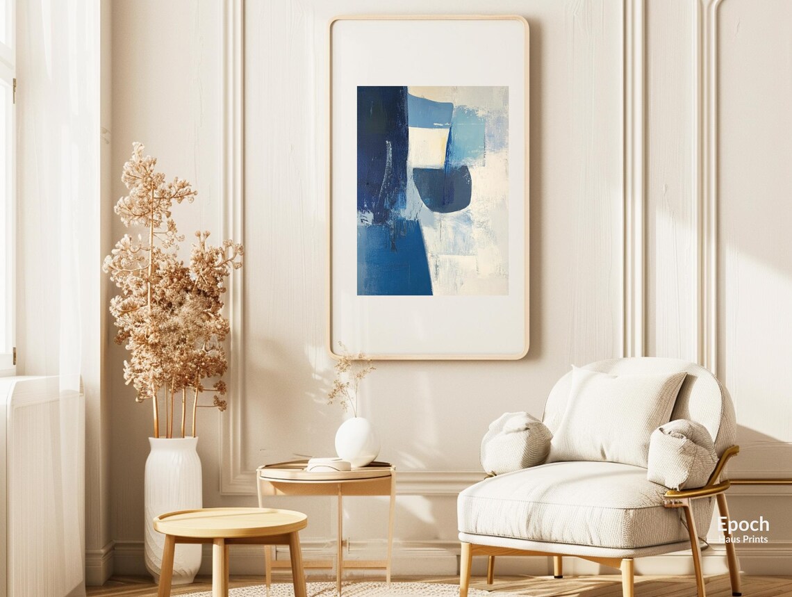 Abstract Blue Acrylic Oil Painting, Mid Century - Image 3