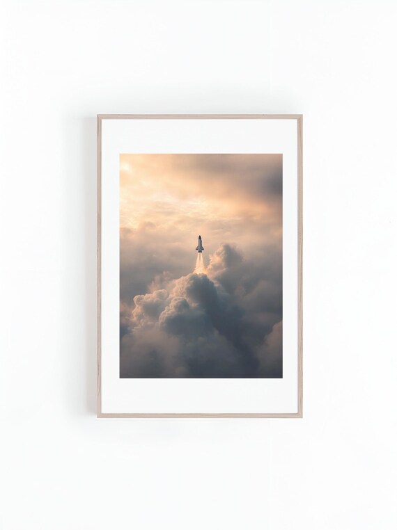 Space Shuttle Ascending Through Golden Sunrise Cloud Banks Wall Art