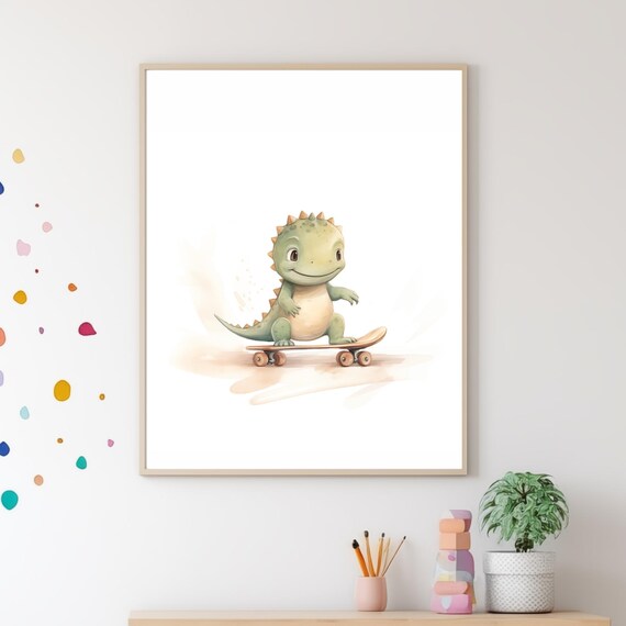 Happy Baby Dinosaur Skateboard Green Watercolor Nursery Wall Poster