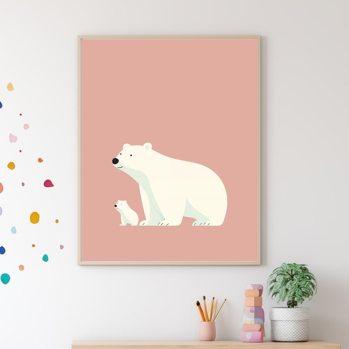 Mommy And Baby Polar Bear Walking Pink Background Nursery Poster - Image 5