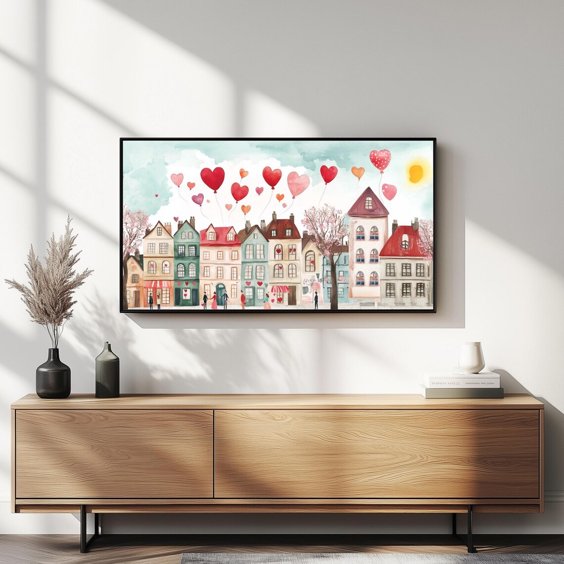 Pink Valentine Village Heart Balloons Cute Watercolor Street Poster - Image 5