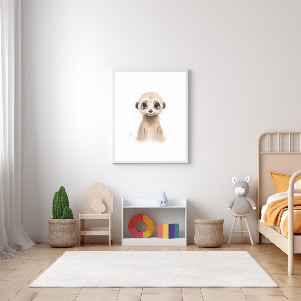 Cute Baby Meerkat Watercolor Portrait White Safari Nursery Wall Art - Image 4